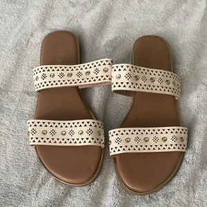 Kensie Two-strap Tan Footbed Sandals with Cream Decorative Straps
